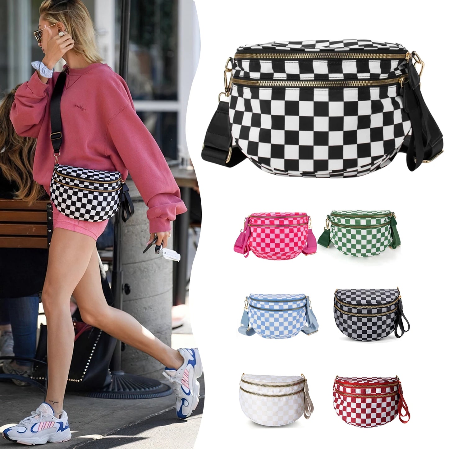 VYXELLE Checkered Crossbody Bag - Adjustable Fanny Pack